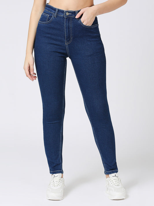 Cefalu High Waisted Mid Blue Stretchable Skinny Fit Jeans For Women