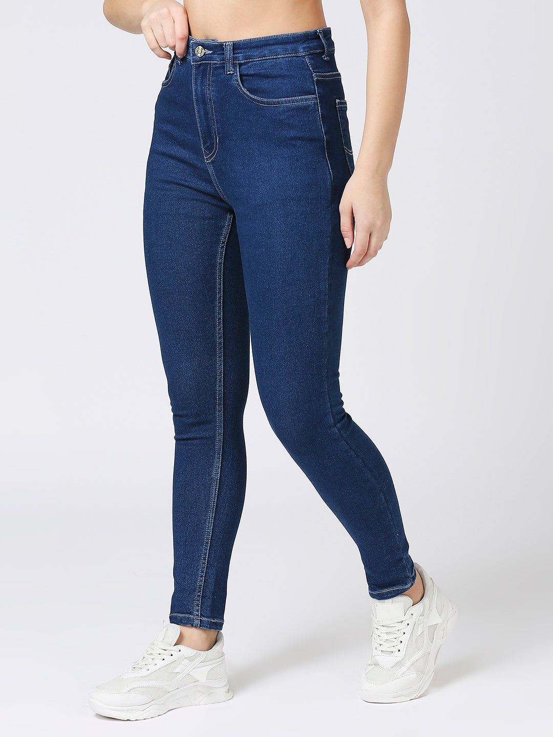 Cefalu High Waisted Mid Blue Stretchable Skinny Fit Jeans For Women