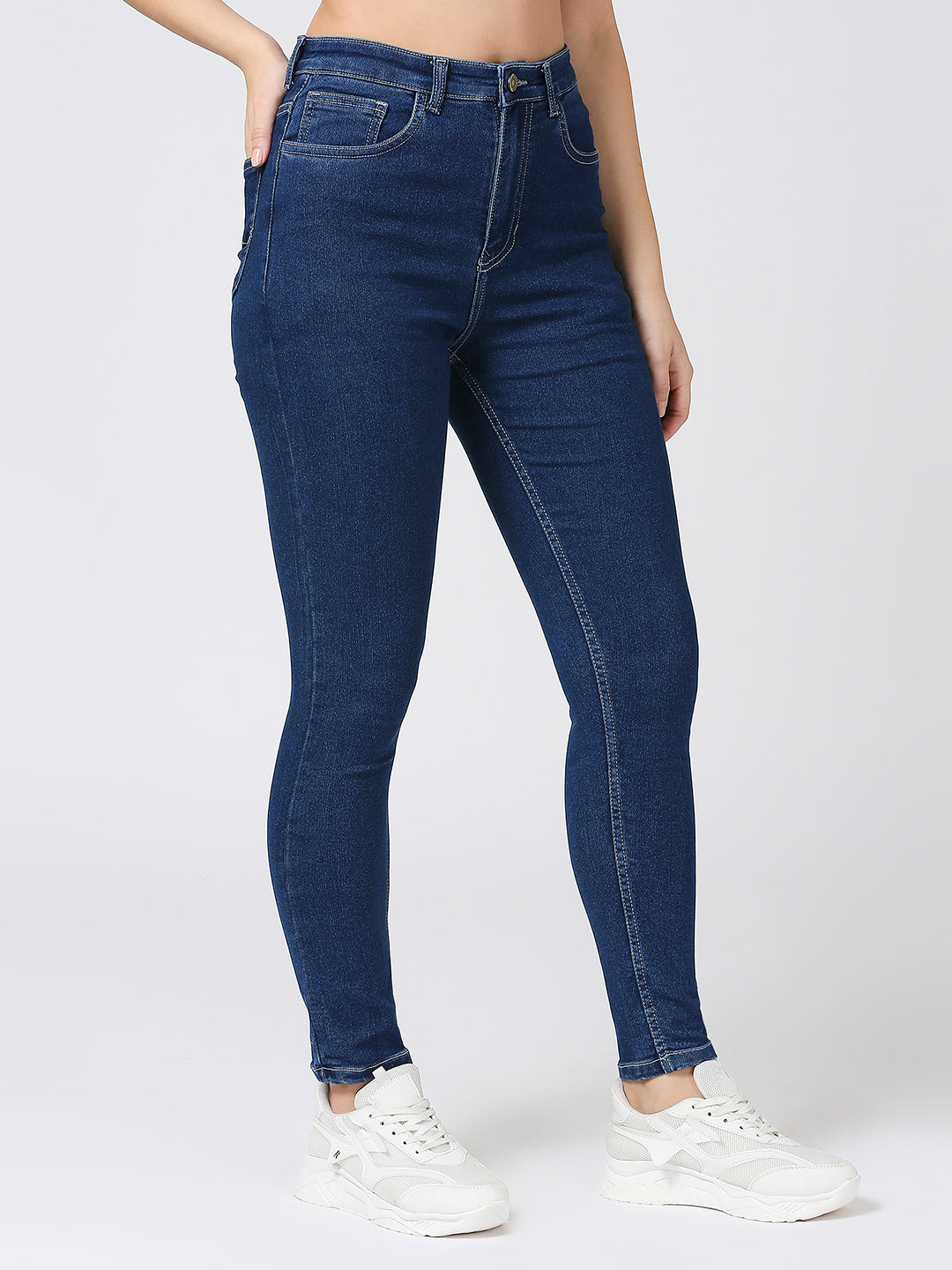 Cefalu High Waisted Mid Blue Stretchable Skinny Fit Jeans For Women