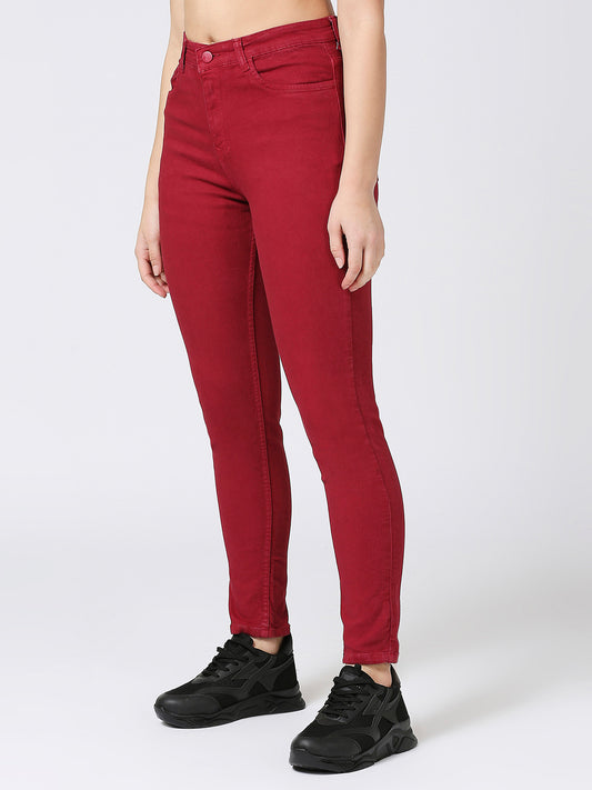 Cefalu Women's Maroon Slim Fit High Rise Regular Length Clean Look Denim Stretchable Jeans