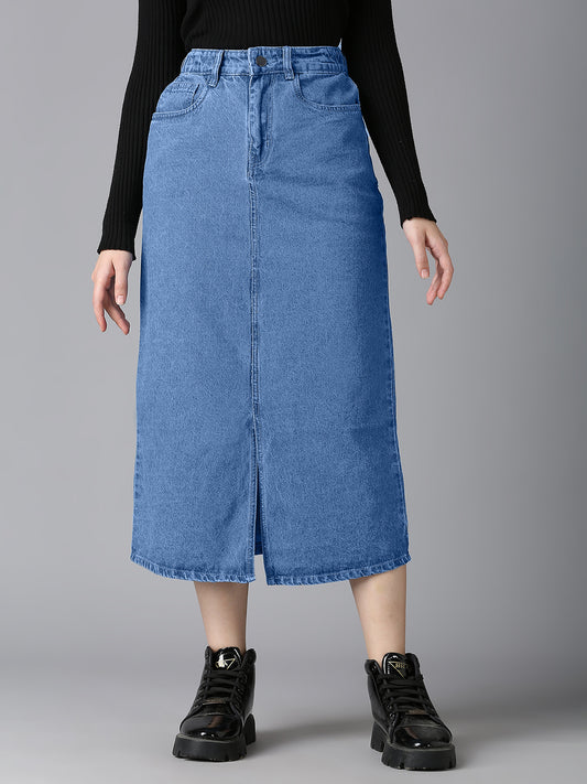 Cefalu Women's Light Blue Denim Midi Skirt - High-Waisted, Front Slit, Casual & Chic Fashion
