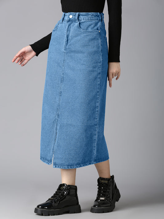 Side view of Cefalu Light Blue Denim Midi Skirt - Classic Design with Button Closure and Pocket Details