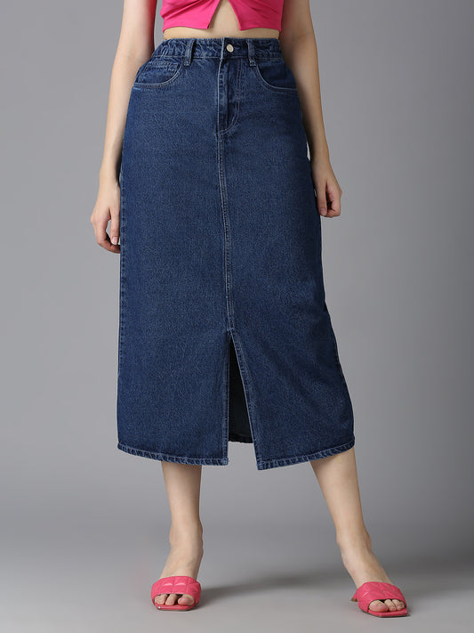 Cefalu Women's Dark Blue Denim Midi Skirt - High-Waisted, Front Slit, Casual & Chic Fashion