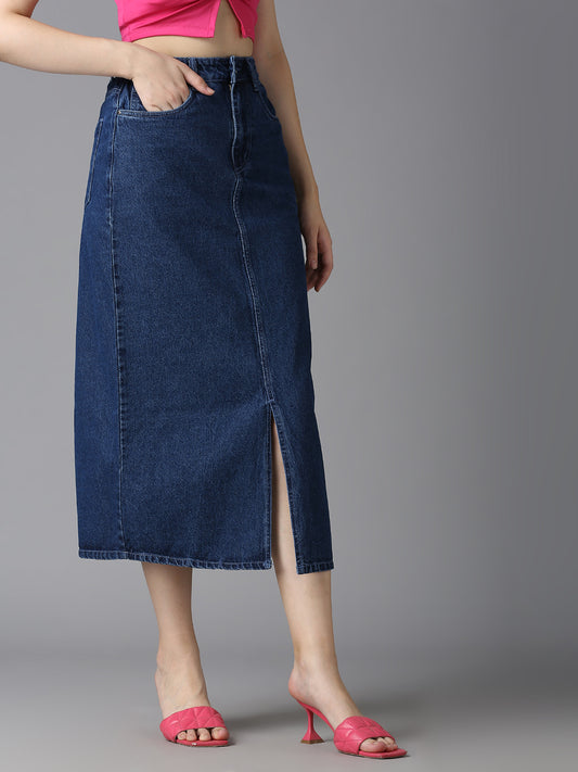 Side view of Cefalu Dark Blue Denim Midi Skirt - Classic Design with Button Closure and Pocket Details
