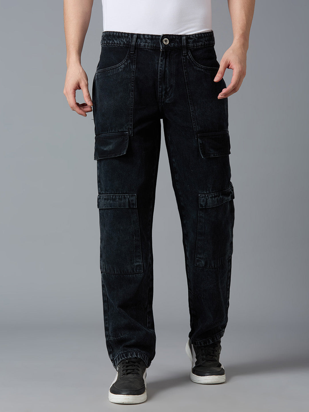 TCI Men's Black Denim Cargo Pants - Relaxed Fit, High Waist, Multi-Pocket Design