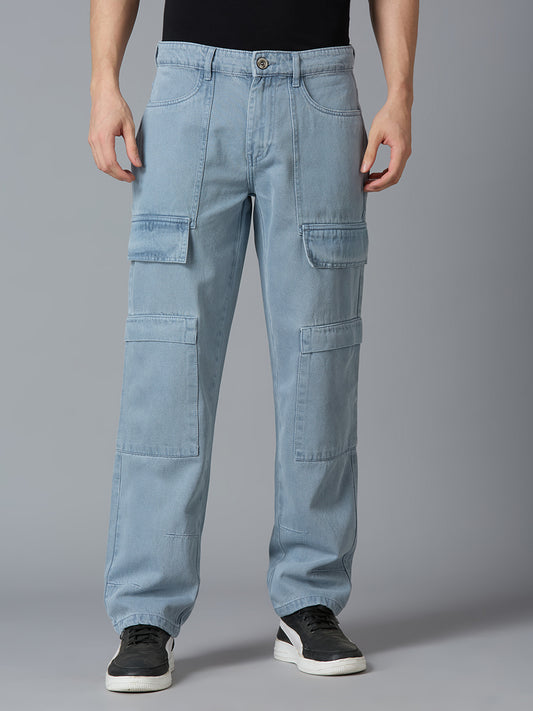 TCI Men's Grey Denim Cargo Pants - Relaxed Fit, High Waist, Multi-Pocket Design