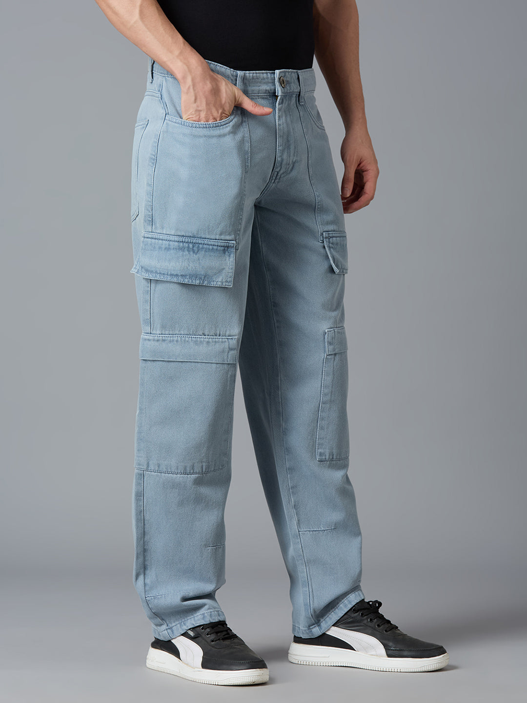 Angled view of TCI Men's Grey Cargo Denim Pants - Stylish & Comfortable for Casual Wear