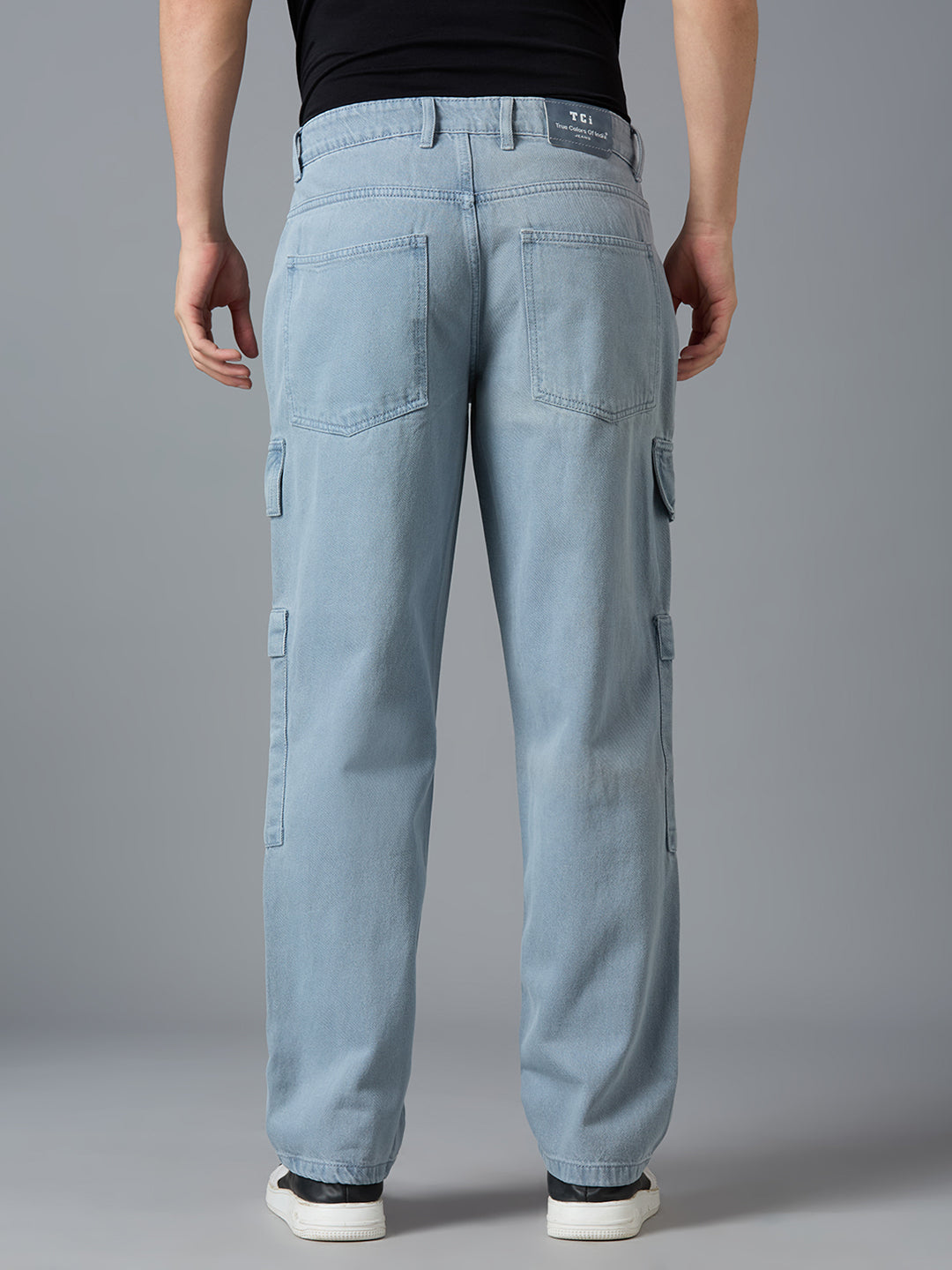 Back view of TCI Men's Grey Cargo Jeans - Elastic Waistband with Functional Pockets