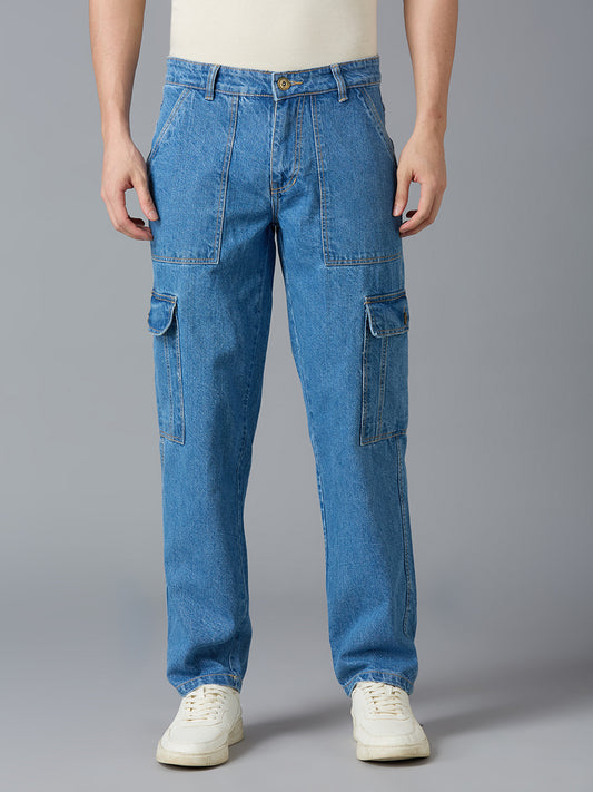 TCI Men's Blue Denim Cargo Pants - Relaxed Fit, High Waist, Multi-Pocket Design
