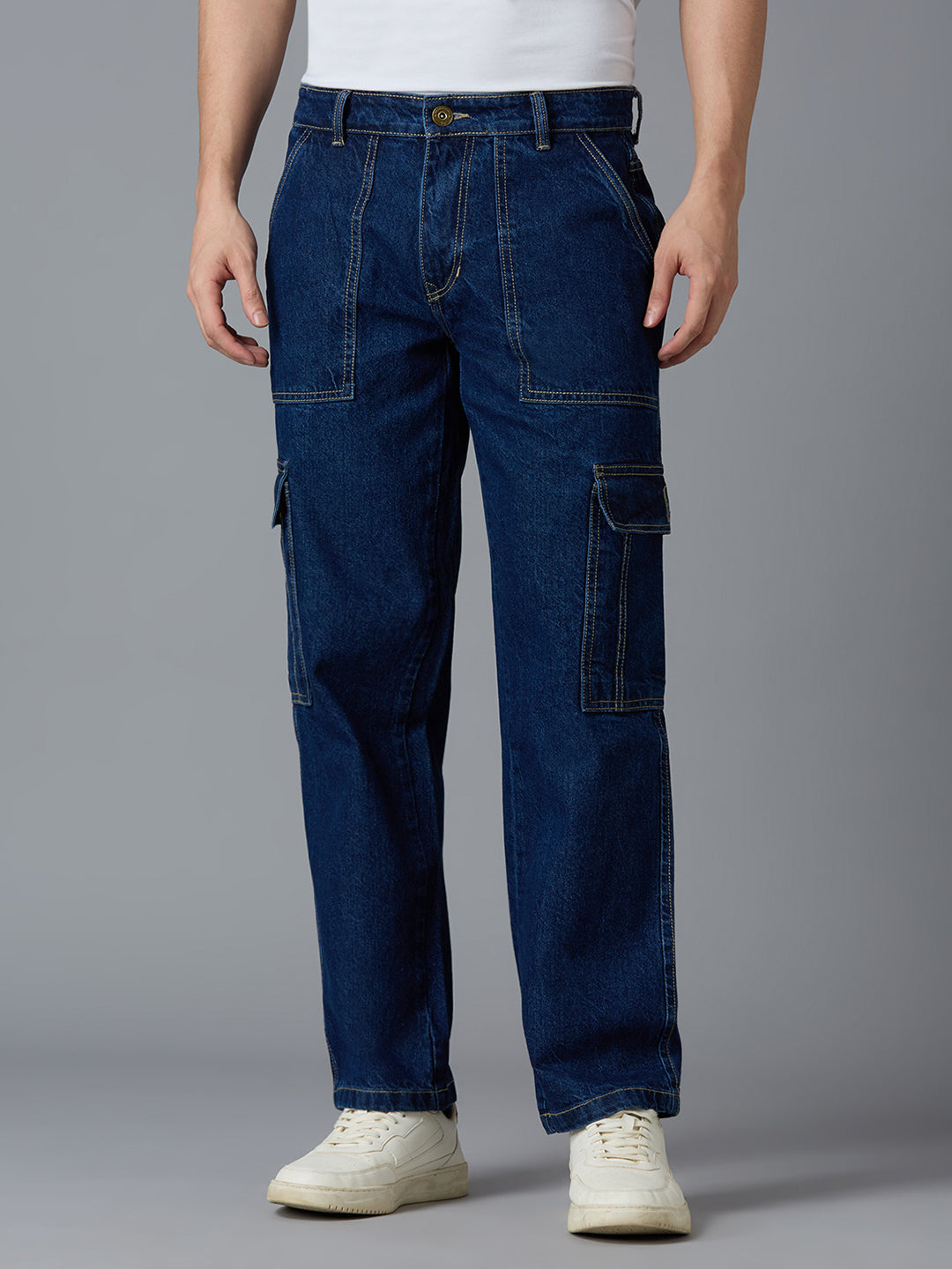 TCI Men's Dark Blue Denim Cargo Pants - Relaxed Fit, Multi-Pocket Design