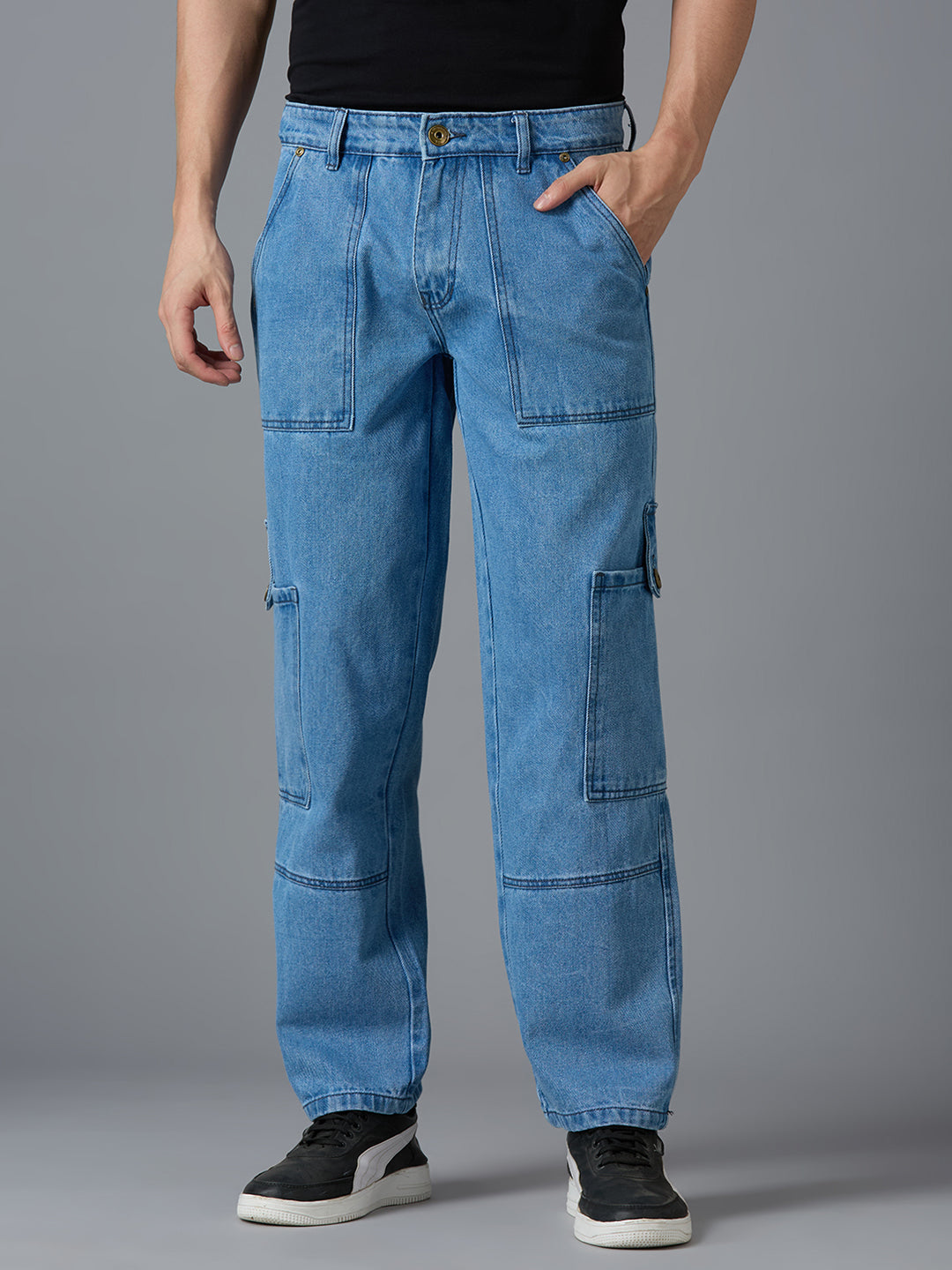 TCI Men's Light Blue Denim Cargo Pants - Relaxed Fit, Stylish Multi-Pocket Design