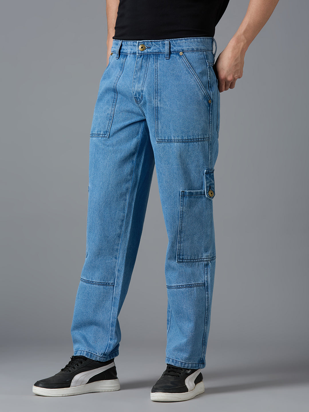 Side view of TCI Men's Light Blue Cargo Jeans - Utility Pockets, Straight-Leg Fit