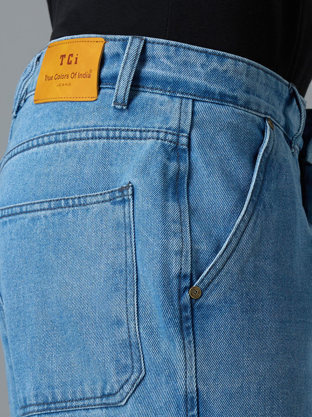 Detailed shot of TCI Men's Light Blue Denim Cargo Pants - Premium Stitching & Pocket Design
