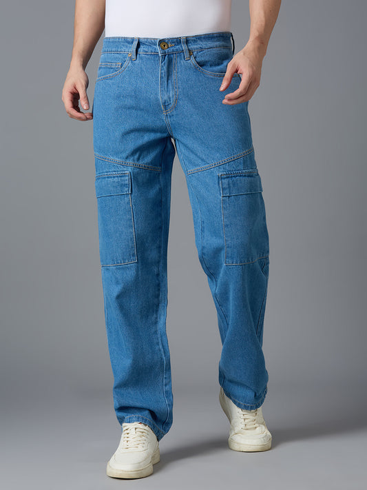 TCI Men's Wash Blue Denim Cargo Pants - Relaxed Fit, High Waist, Multi-Pocket Design