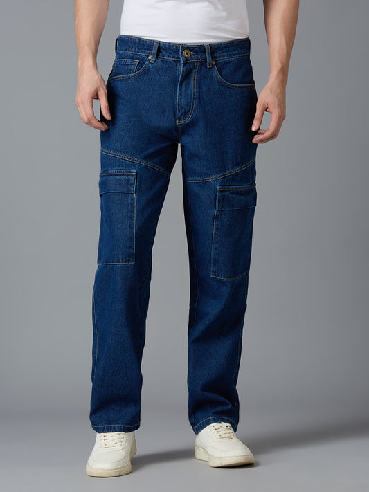 TCI Men's Mid Blue Denim Cargo Pants - Relaxed Fit, High Waist, Multi-Pocket Design