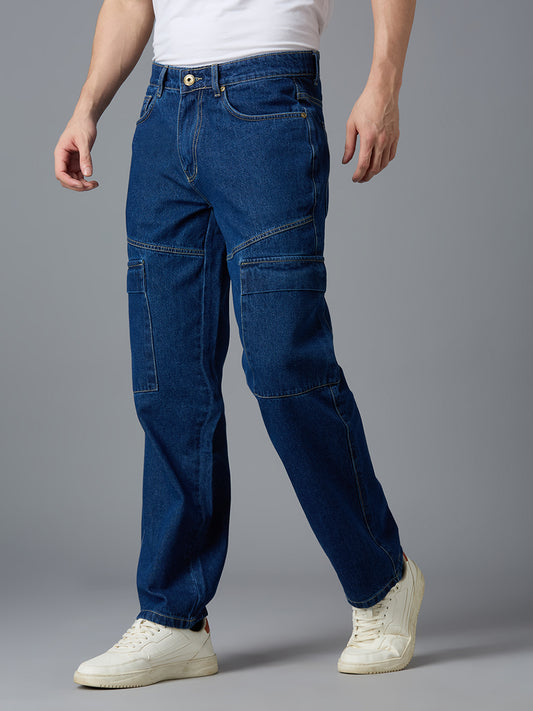 Side view of TCI Men's Blue Cargo Jeans - Utility Pockets, Straight-Leg Fit