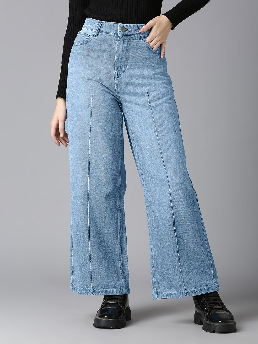 Front view of women’s CEFALU high-waist wide-leg denim jeans in a light blue wash.