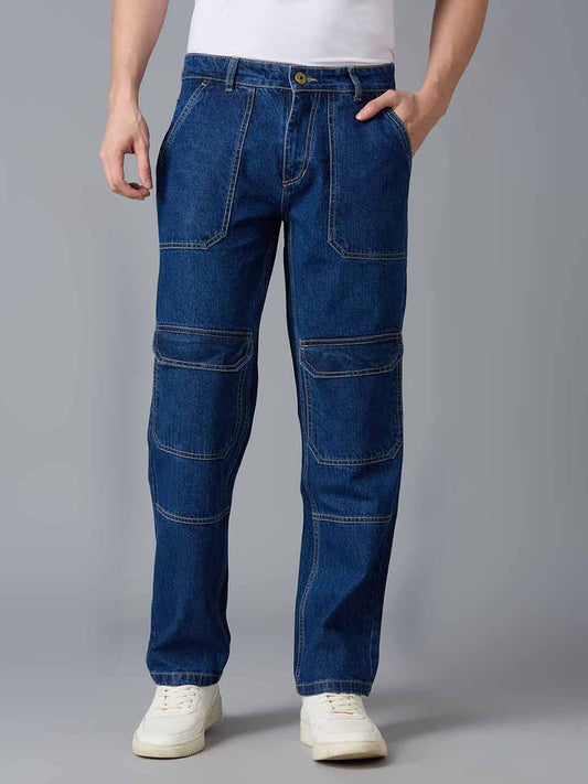 TCI Men's Ink Blue Denim Cargo Pants - Relaxed Fit, High Waist, Multi-Pocket Design