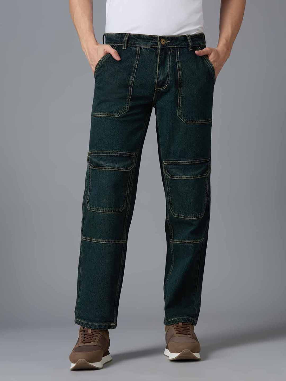 TCI Men's Green Denim Cargo Pants - Relaxed Fit, High Waist, Multi-Pocket Design