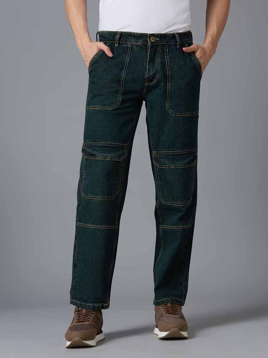 TCI Men's Green Denim Cargo Pants - Relaxed Fit, High Waist, Multi-Pocket Design
