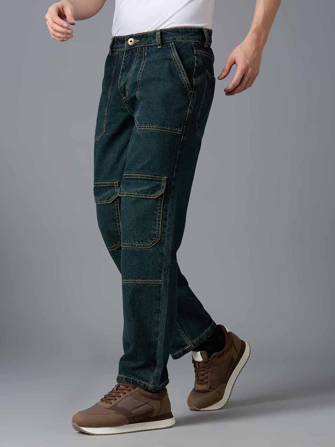 Side view of TCI Men's Green Cargo Jeans - Utility Pockets, Straight-Leg Fit