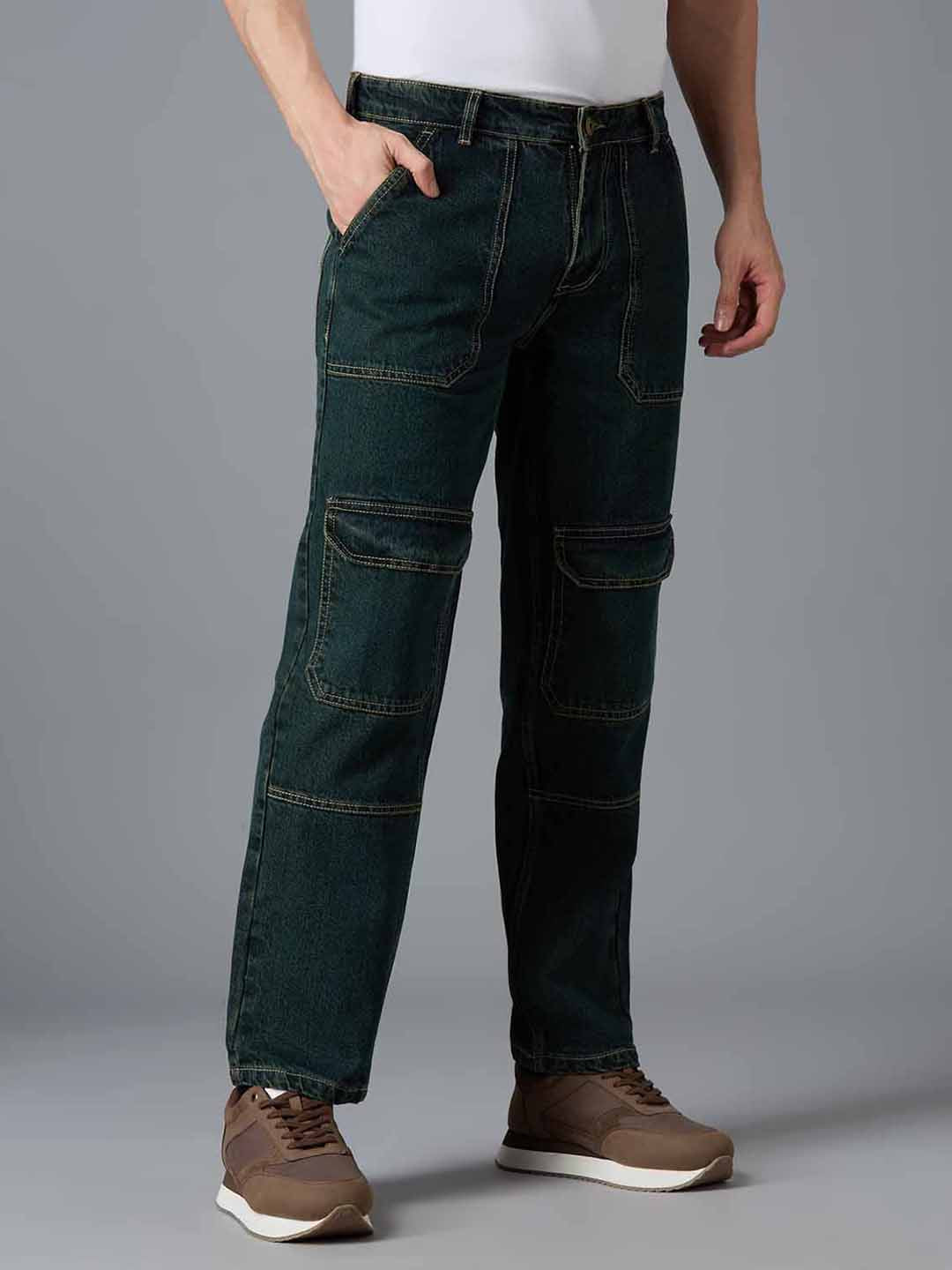 Angled view of TCI Men's Green Cargo Denim Pants - Stylish & Comfortable for Casual Wear