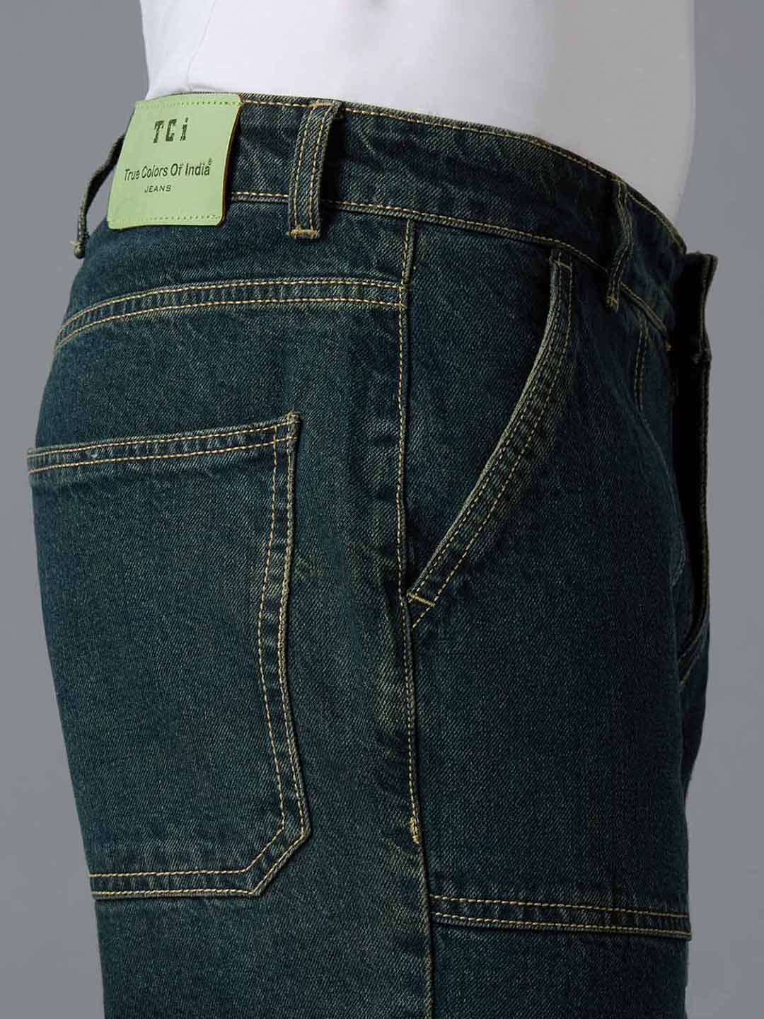 Close-up view of TCI Men's Green Cargo Jeans - Functional Pockets and waistband with loop 