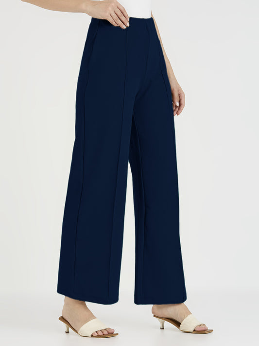 Cefalu Women Navy Blue Wide Leg Trousers
