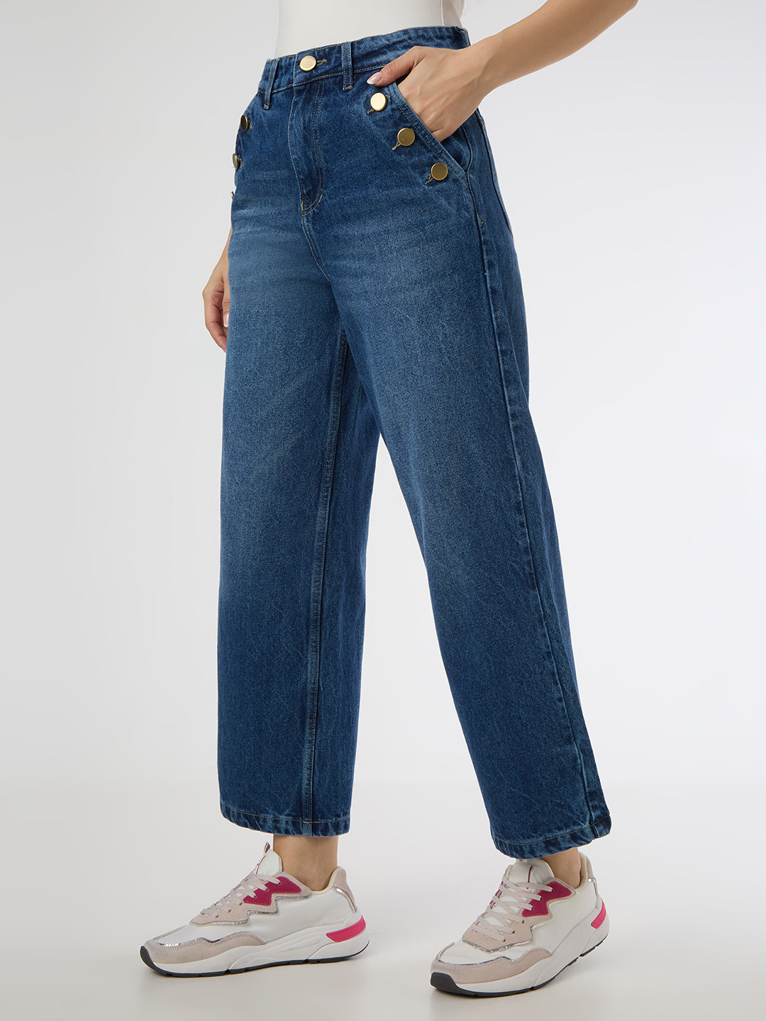 High-Waist Wide-Leg Jeans with Statement Side Buttons