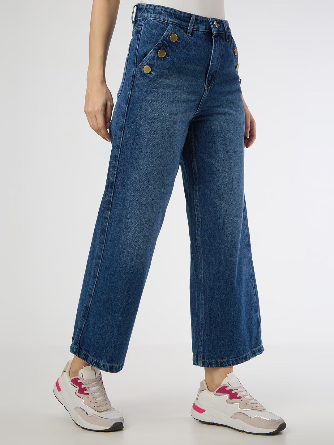 High-Waist Wide-Leg Jeans with Statement Side Buttons