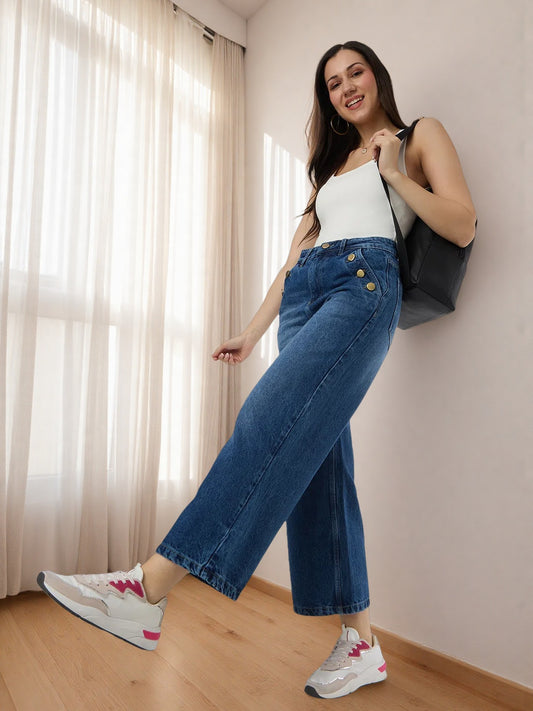 High-Waist Wide-Leg Jeans with Statement Side Buttons