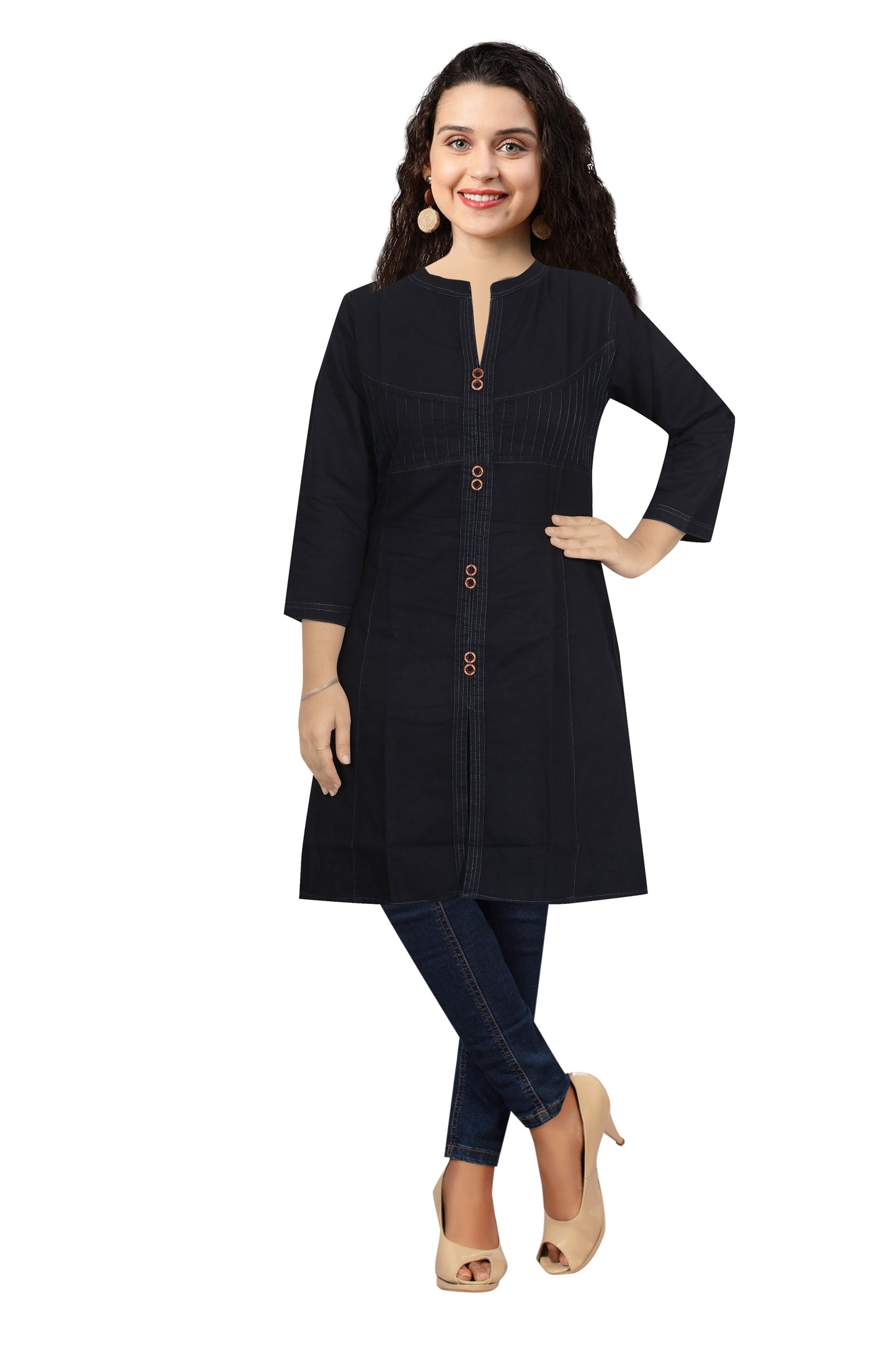 Front view of a model wearing Cefalu®️ Solid Black Denim Kurti for Women with calf length and 3/4 sleeves