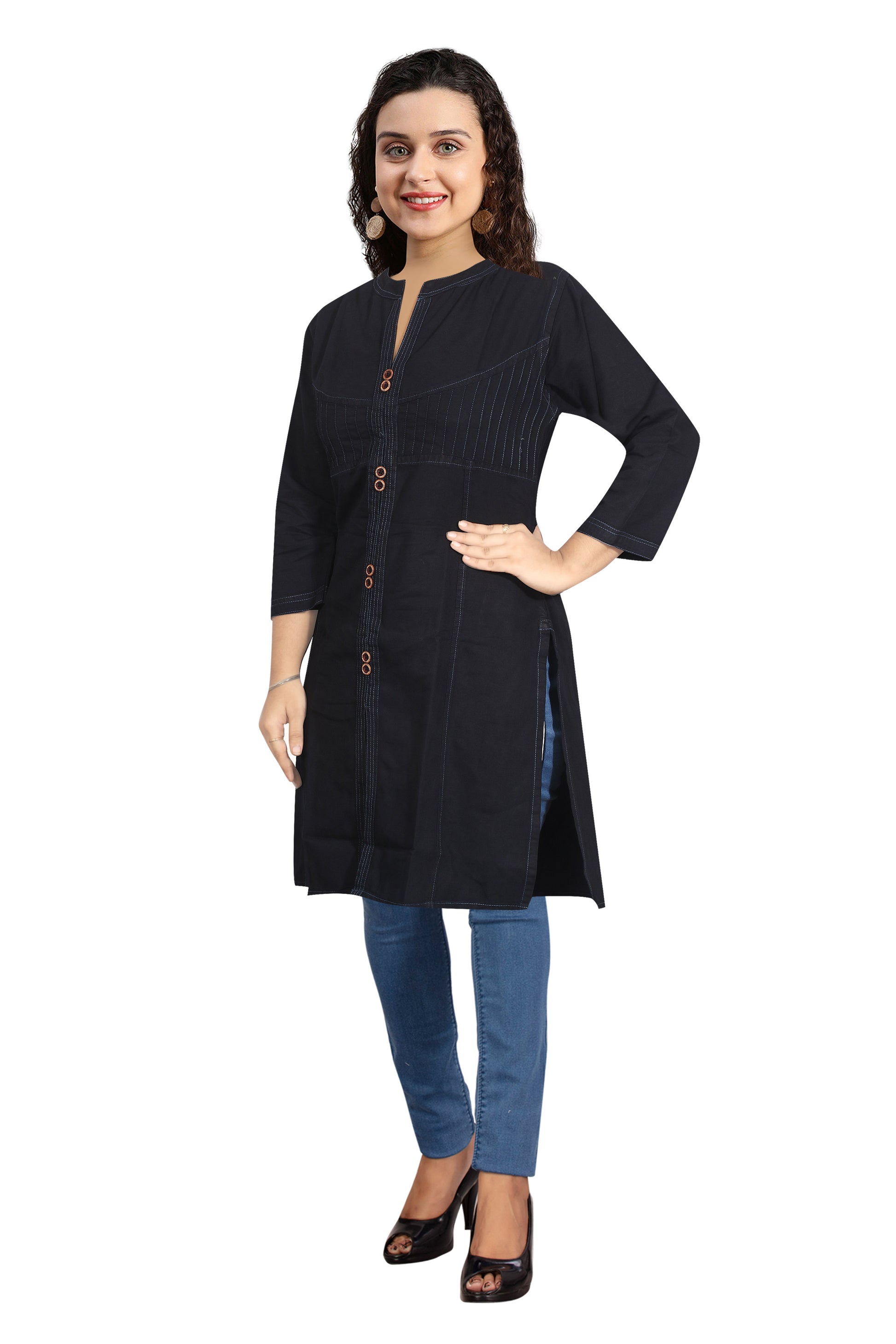 Full casual view of a model wearing Cefalu®️ Solid Black Denim Kurti for Women, displaying the calf length and overall style