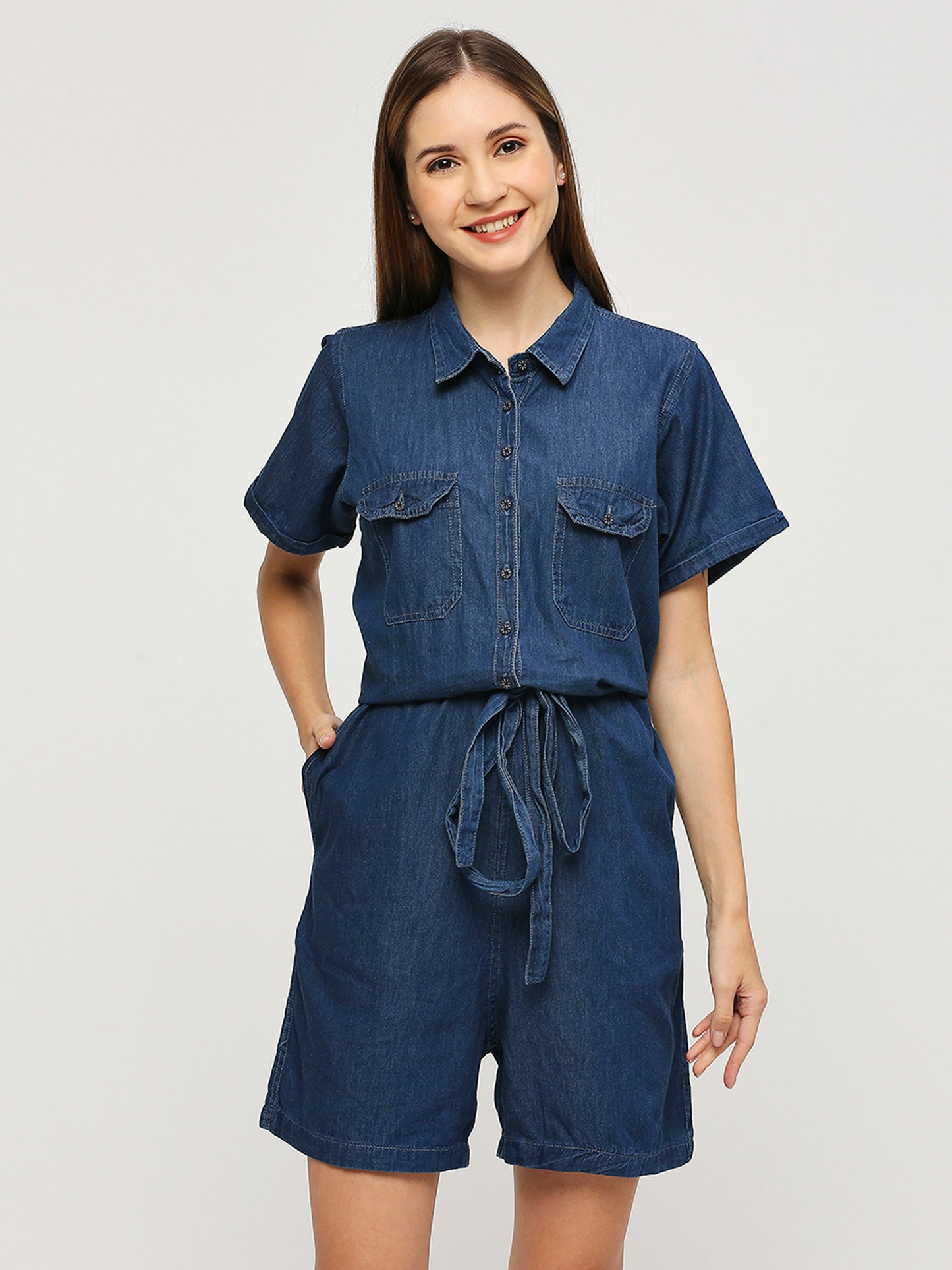 Cefalu®️ BLUE Denim half jumpsuit shorts Dress with spread collar for Women