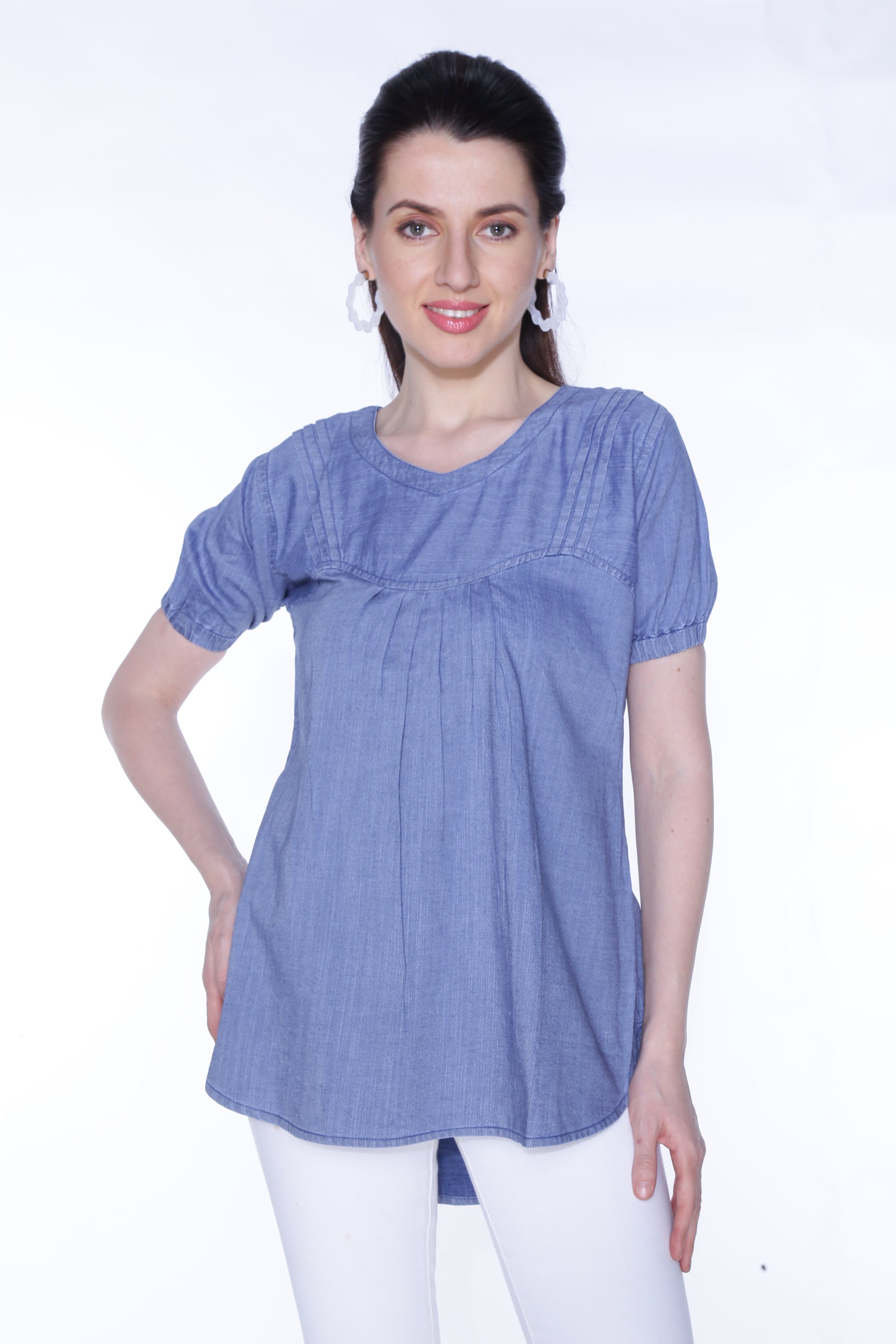 Front view of Cefalu®️ Women's Blue Denim Top, showcasing a round neckline and regular sleeves on a model.