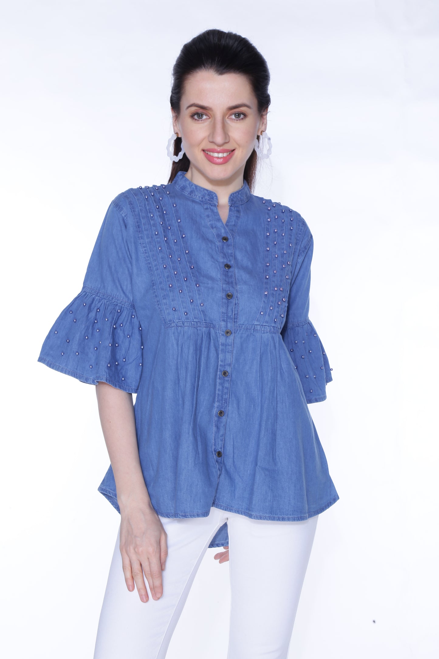 Cefalu®️ Women’s Blue Embellished Denim Top – Front View Showing Mandarin Collar