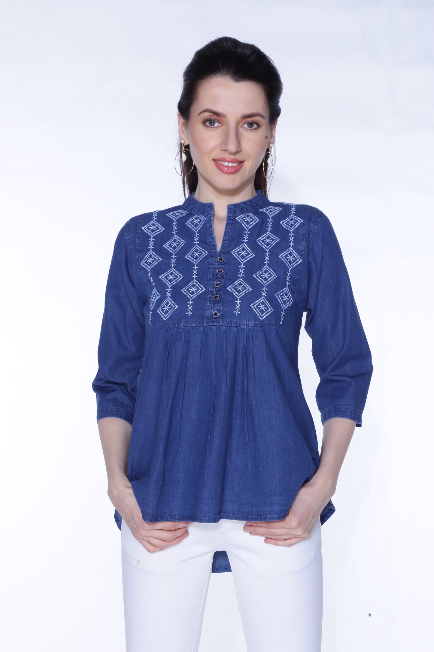 Cefalu®️ Women’s Embroidered Dark Blue Cotton Top – Front View with Mandarin Collar