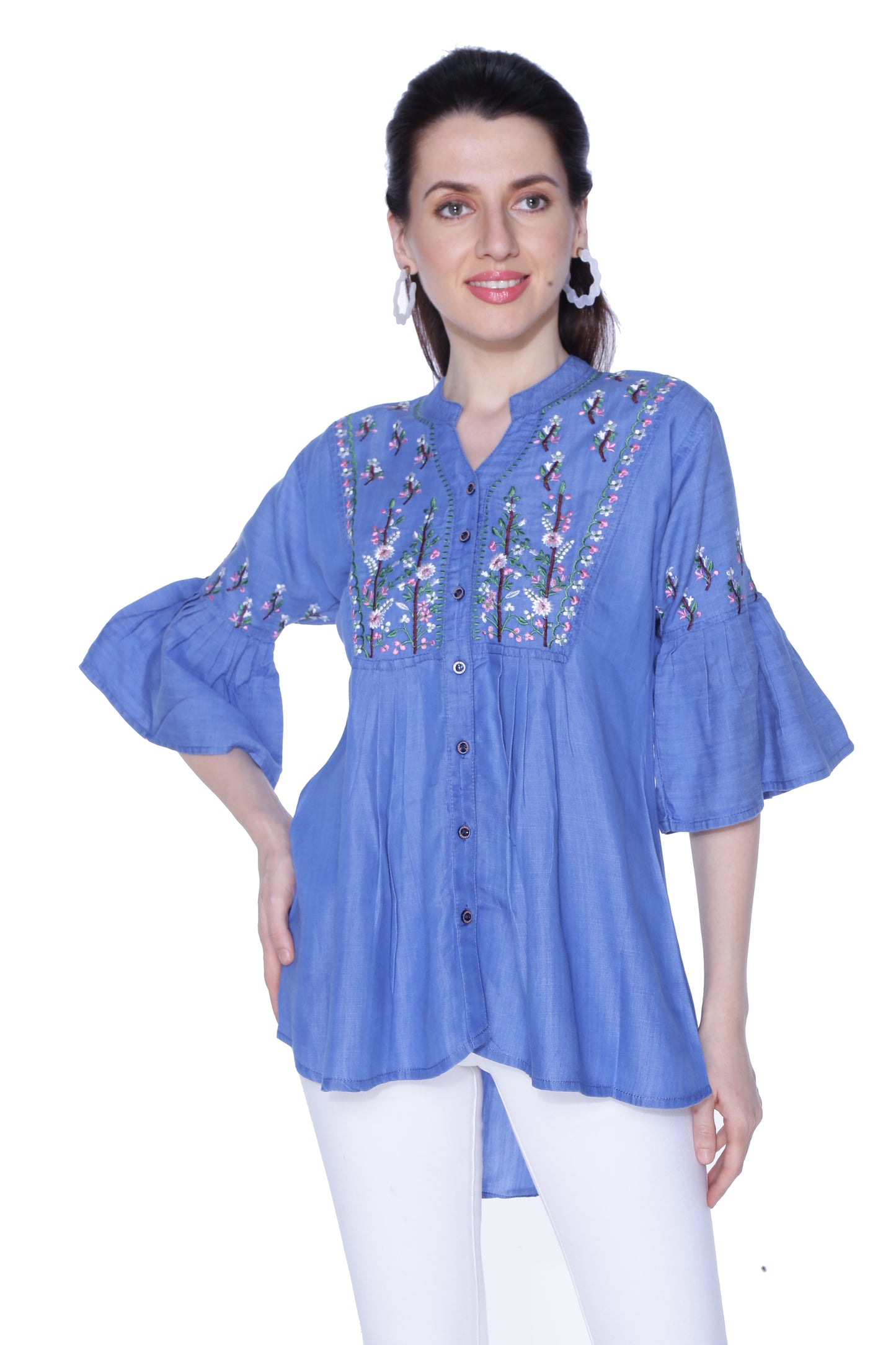 Cefalu®️ Women’s Bell Sleeves Embroidered Dark Blue Top – Front View with Mandarin Collar