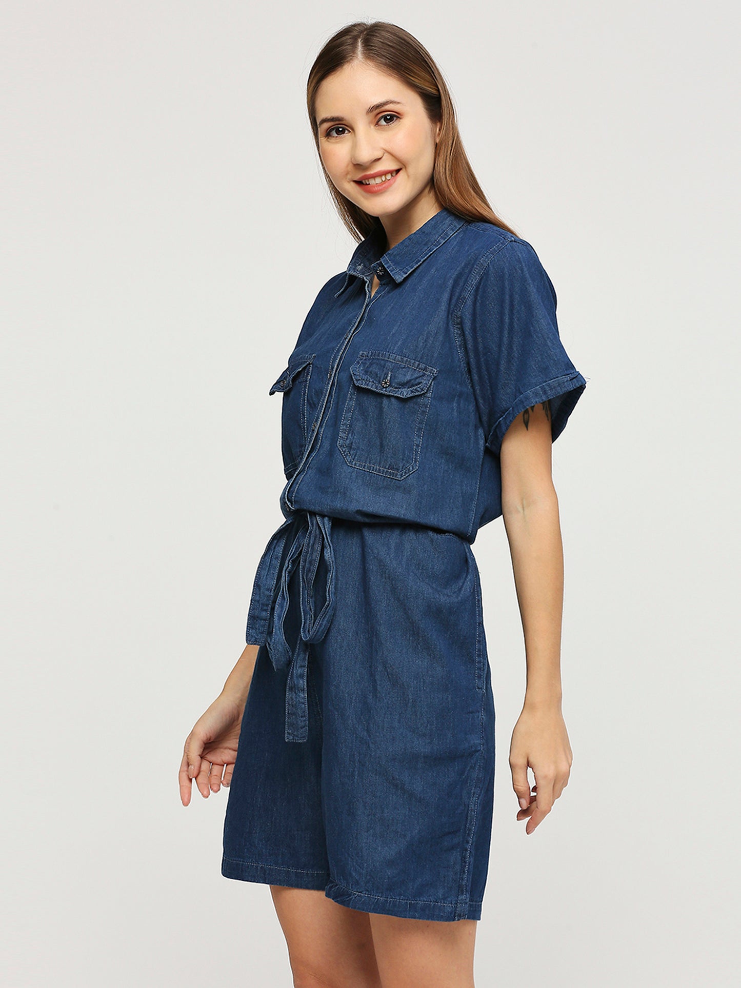 Cefalu®️ BLUE Denim half jumpsuit shorts Dress with spread collar for Women