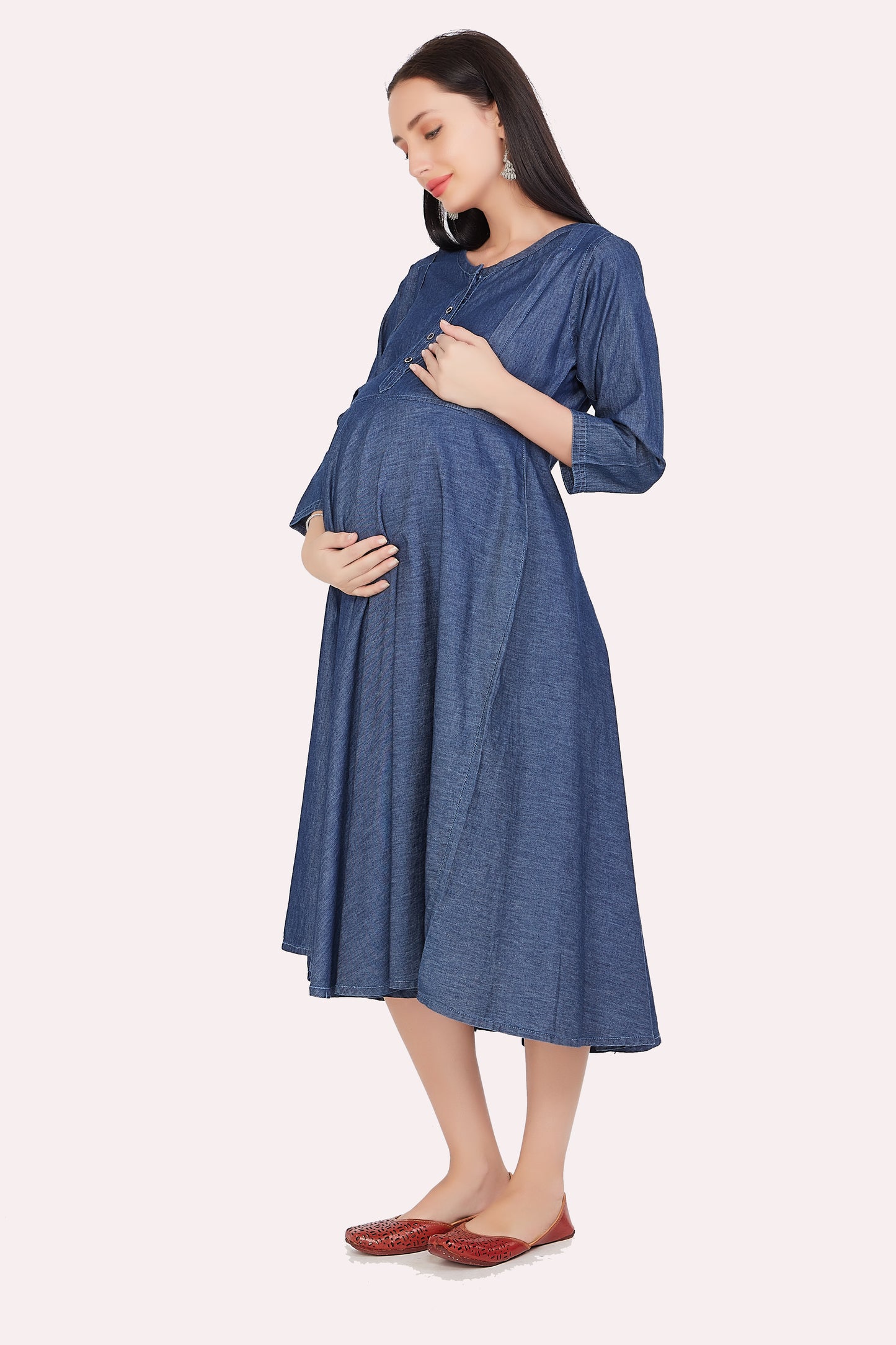 Side View of Cefalu®️ Women’s Dark Blue Fit and Flare Maternity Dress, Showing Calf-Length and 3/4 Sleeves