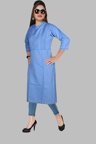 Women Cotton Blend Straight Light Blue Kurti