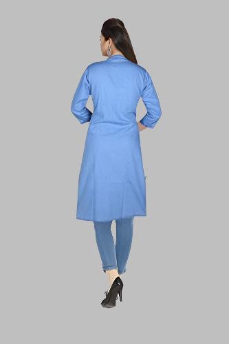 Women Cotton Blend Straight Light Blue Kurti