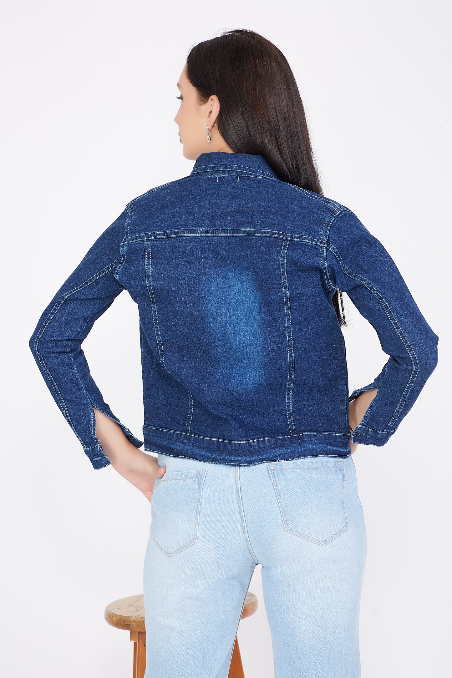 Back view of Cefalu®️ Women’s Dark Blue Washed Denim Casual Jacket, highlighting the washed denim effect and clean lines.