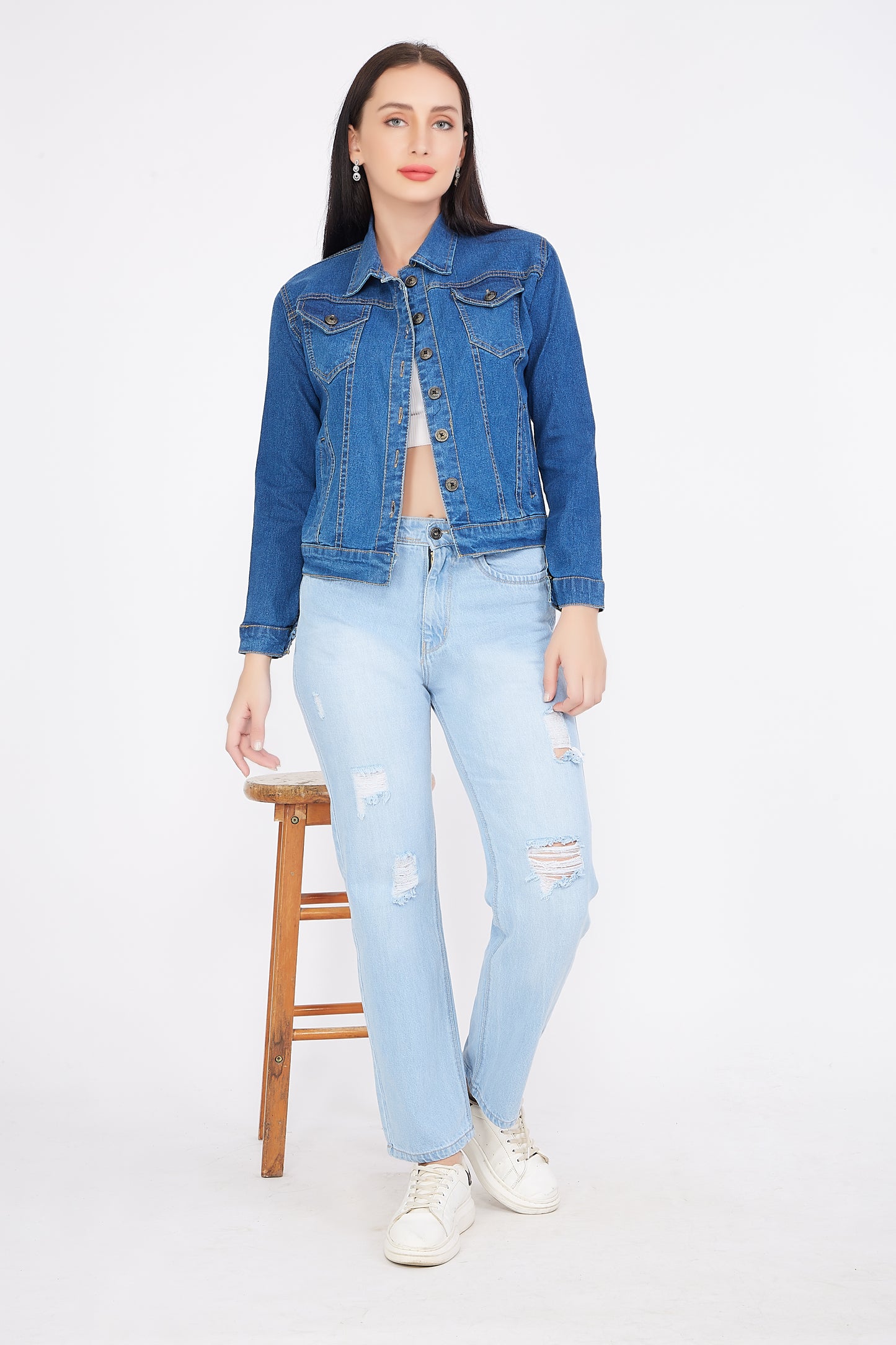 Full-length view of a model wearing Cefalu®️ Women’s Blue Denim Jacket, demonstrating its stylish fit and versatile design.