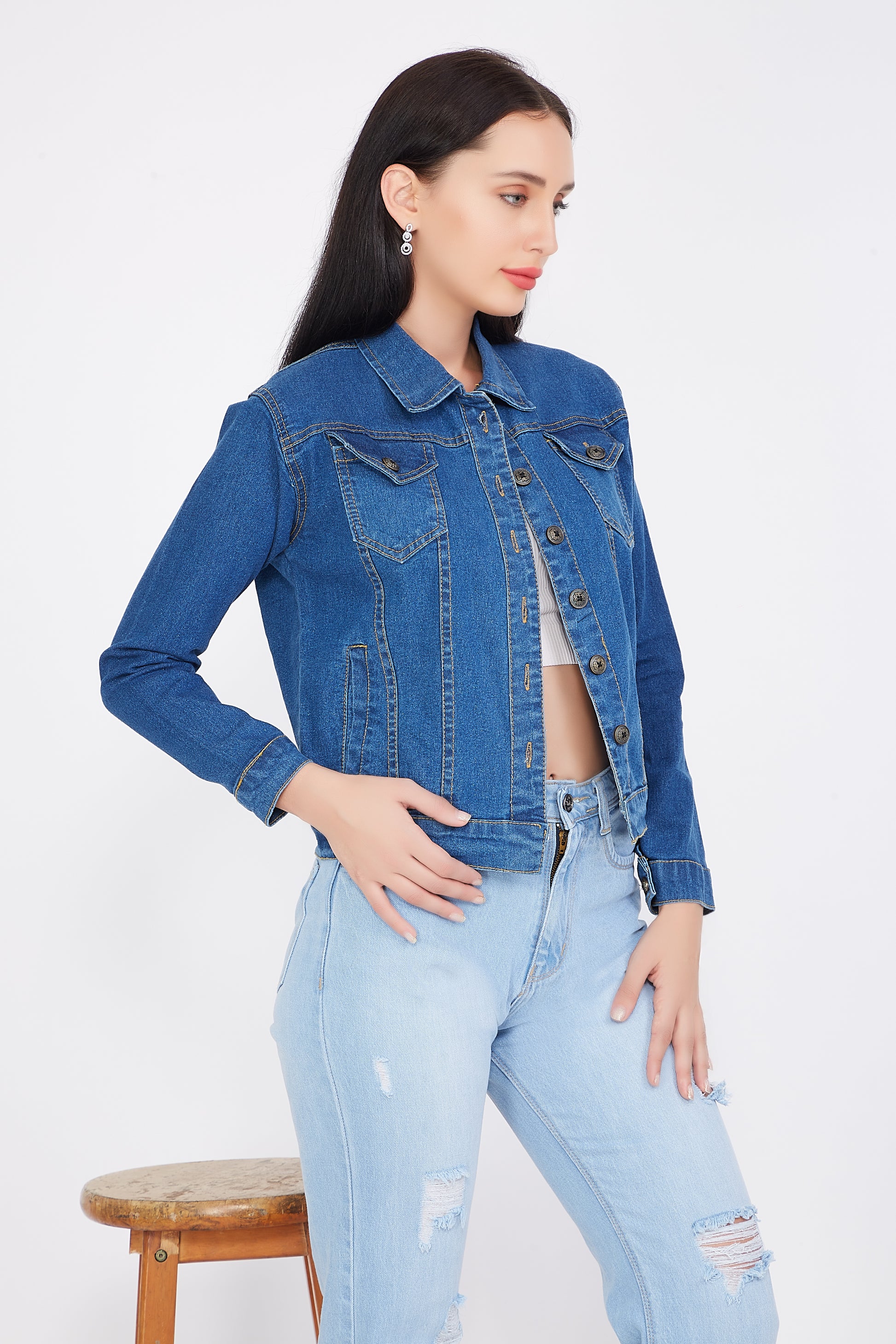 Side view of Cefalu®️ Women’s Blue Denim Jacket, showcasing the full-length sleeves and stand collar.