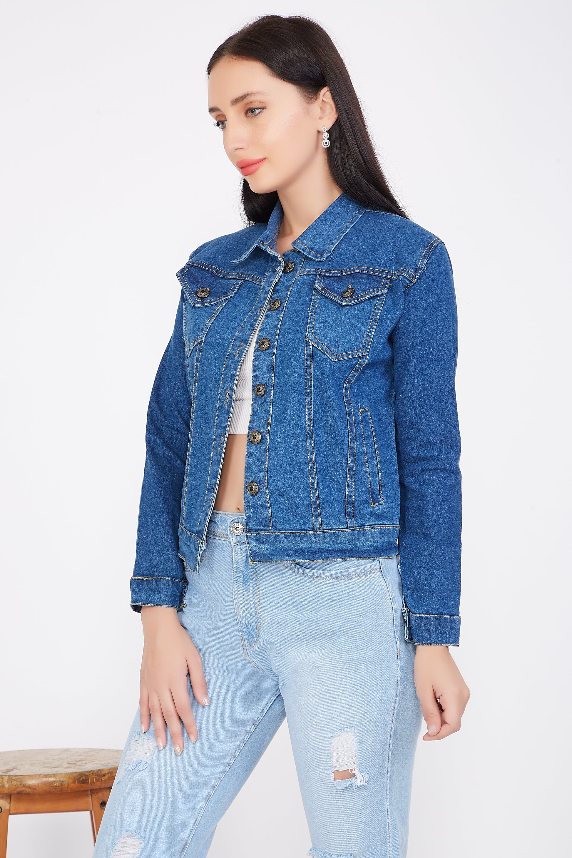 Side view of Cefalu®️ Women’s Blue Denim Jacket, showcasing the full-length sleeves and stand collar.