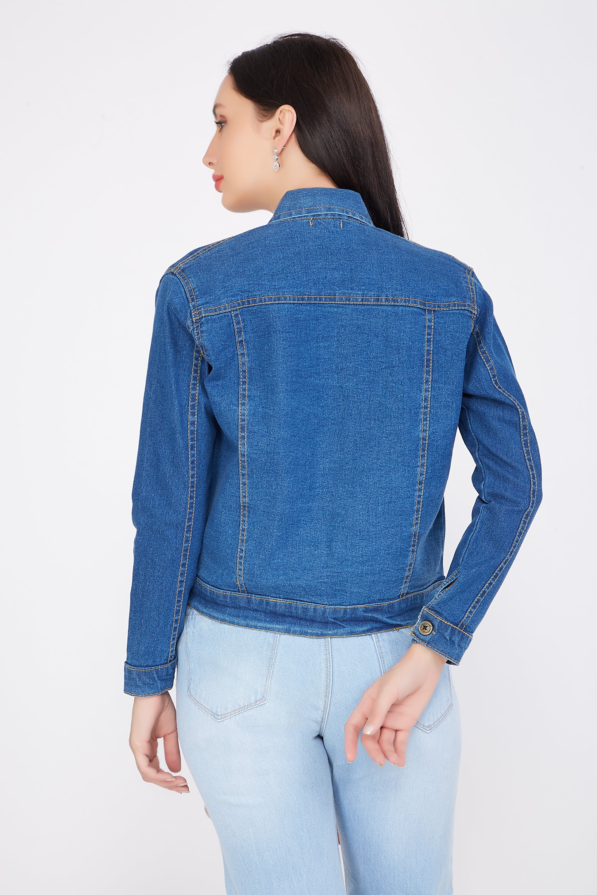 Back view of Cefalu®️ Women’s Blue Denim Jacket, highlighting the clean lines and classic blue denim.