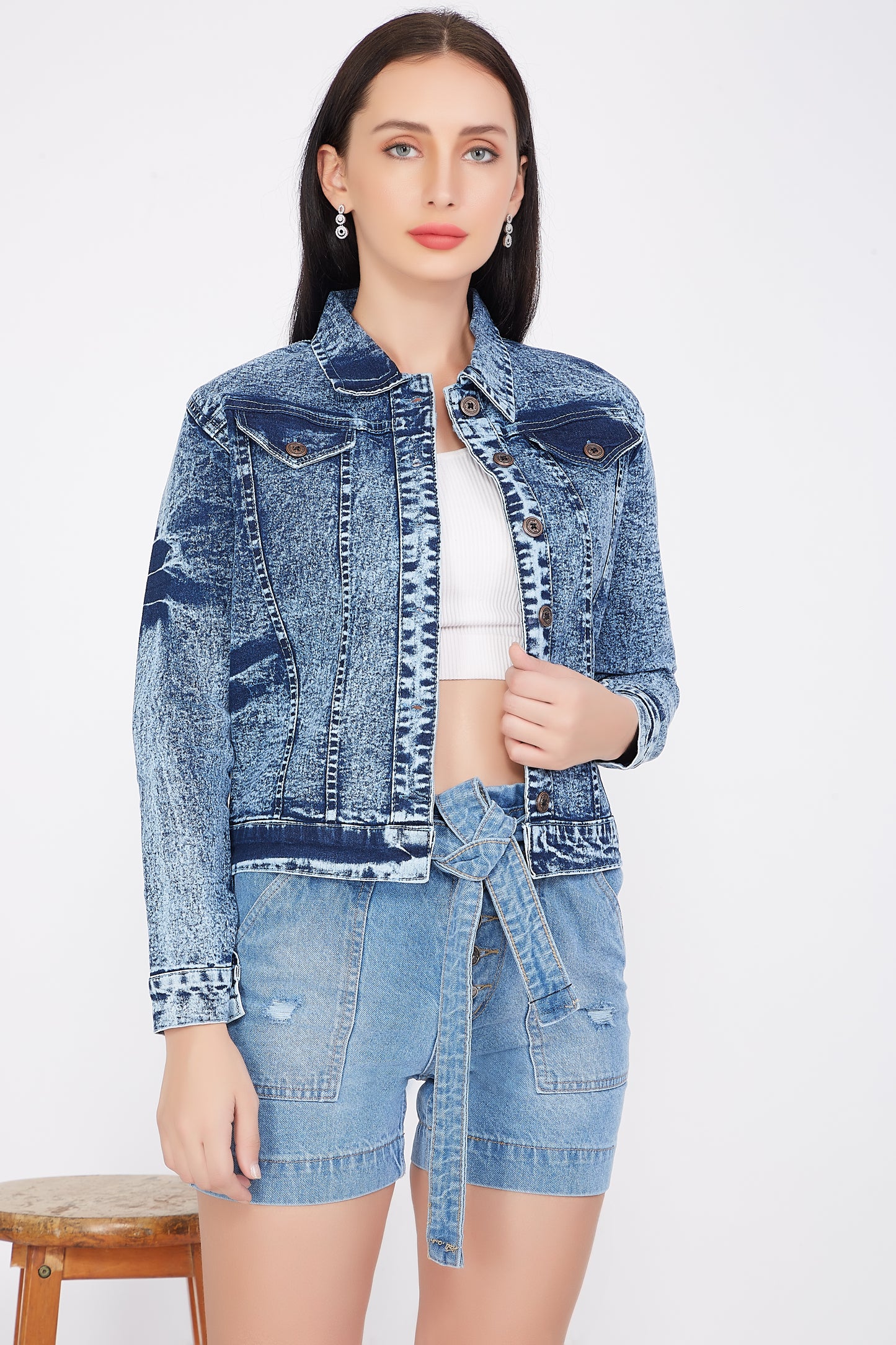 Front view of Cefalu®️ Women’s Blue Denim Casual Cloud Wash Jacket, highlighting its full-length sleeves, stand collar, and unique cloud wash finish.