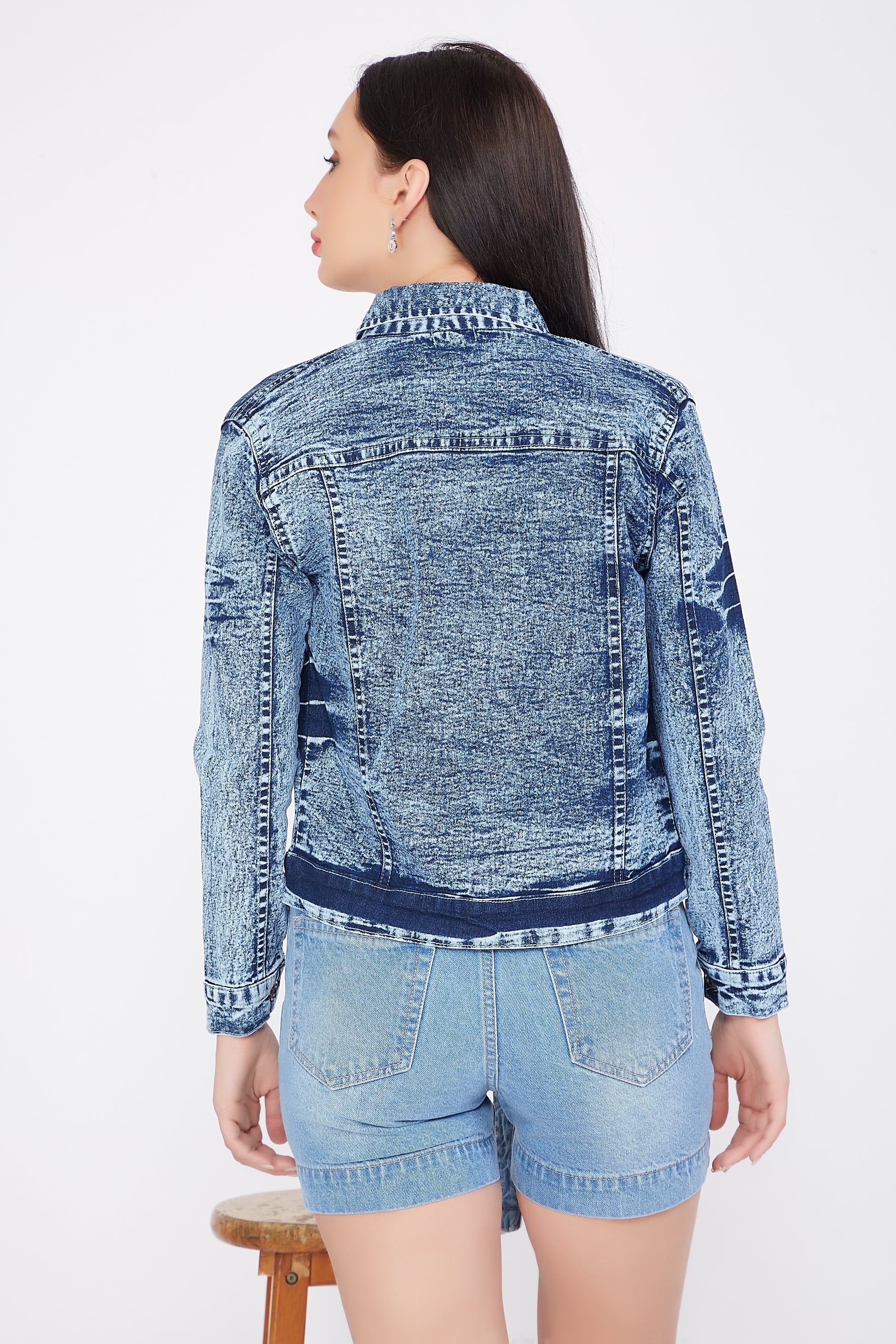 Back view of Cefalu®️ Women’s Blue Denim Casual Cloud Wash Jacket, showcasing the cloud wash effect and classic design.