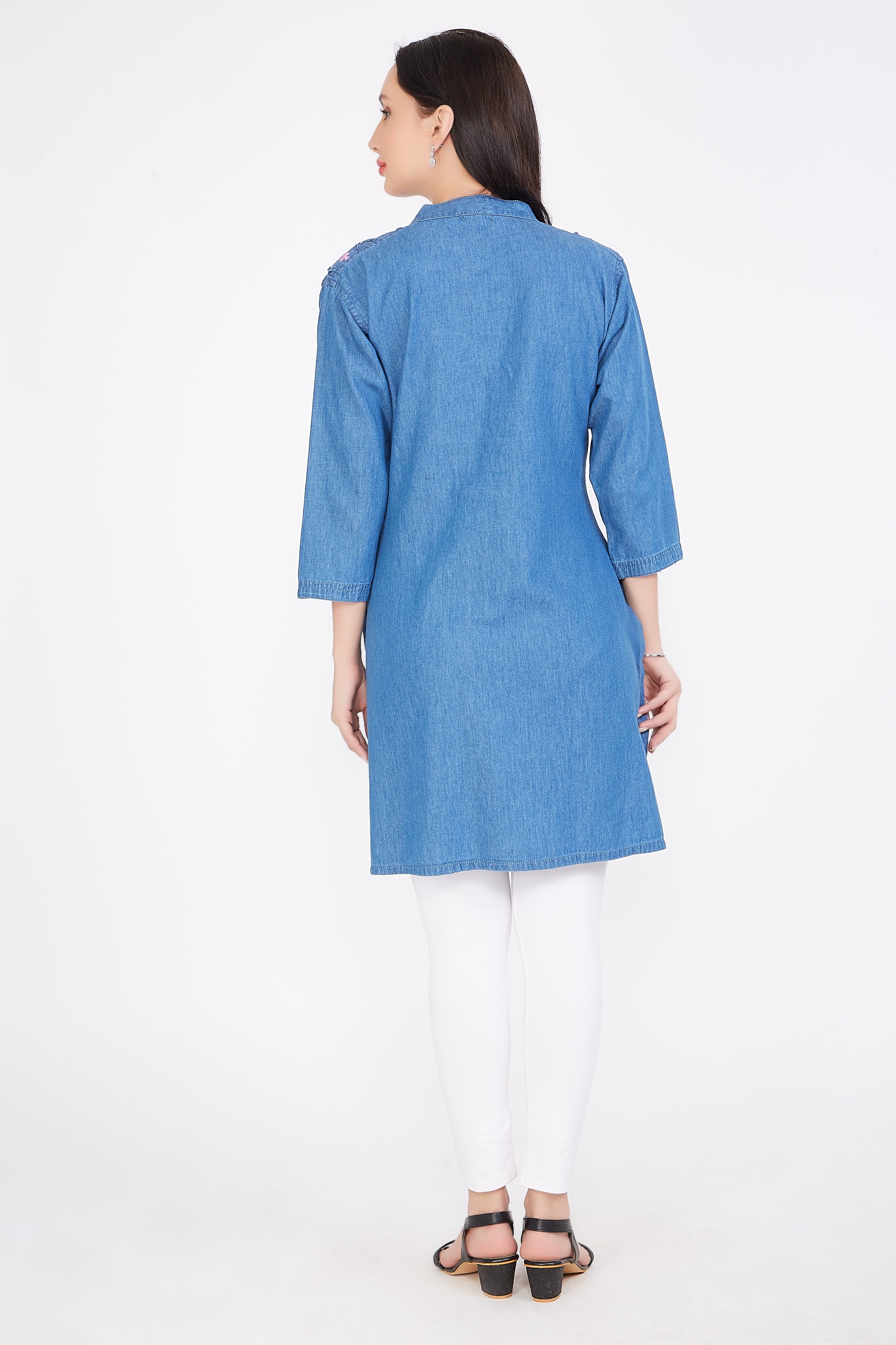 Back view of Cefalu®️ Women’s Blue Denim Kurti, featuring the clean, straight cut and subtle design.